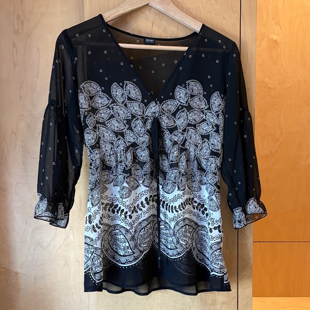 Esprit Black and White Sheer Patterned Blouse